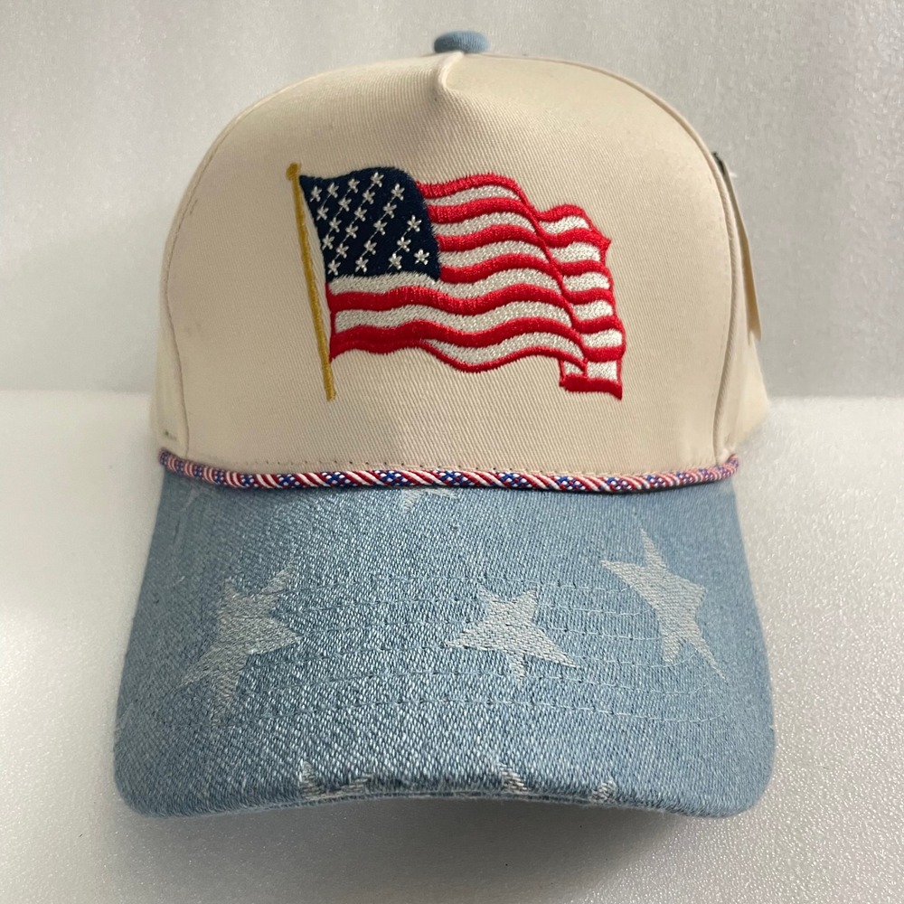 Do Everything in Love American Flag Baseball Hat Denim Stars Snapback Cream